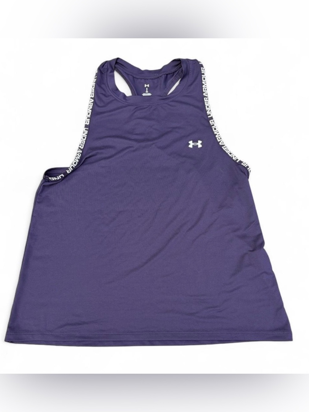 Under Armour women’s Sz. S dark purple tank top with white text along trim